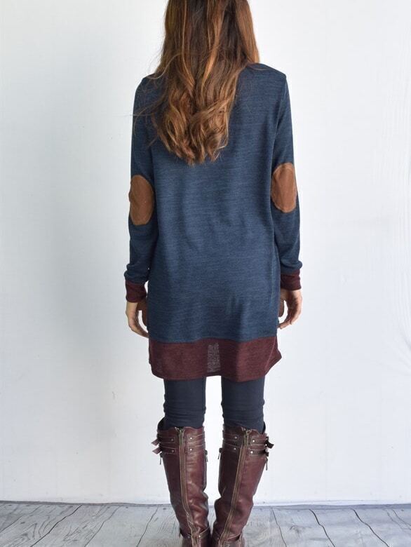 Navy Draped Neck Elbow Patch Dress