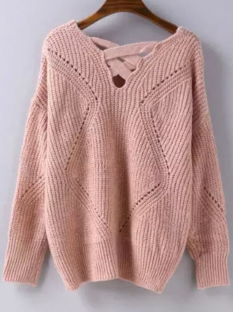 

Geometric Pattern Lattice Back Sweater, Pink