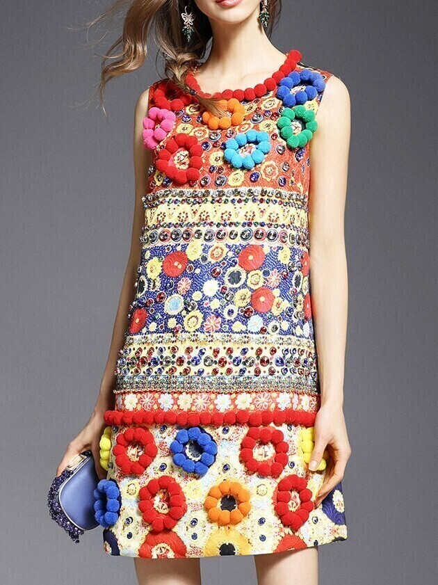Multicolor Beading Disc Flowers Jacquard Dress