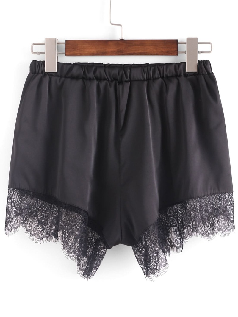 

Lace Trimmed Elastic Waist Shorts, Black