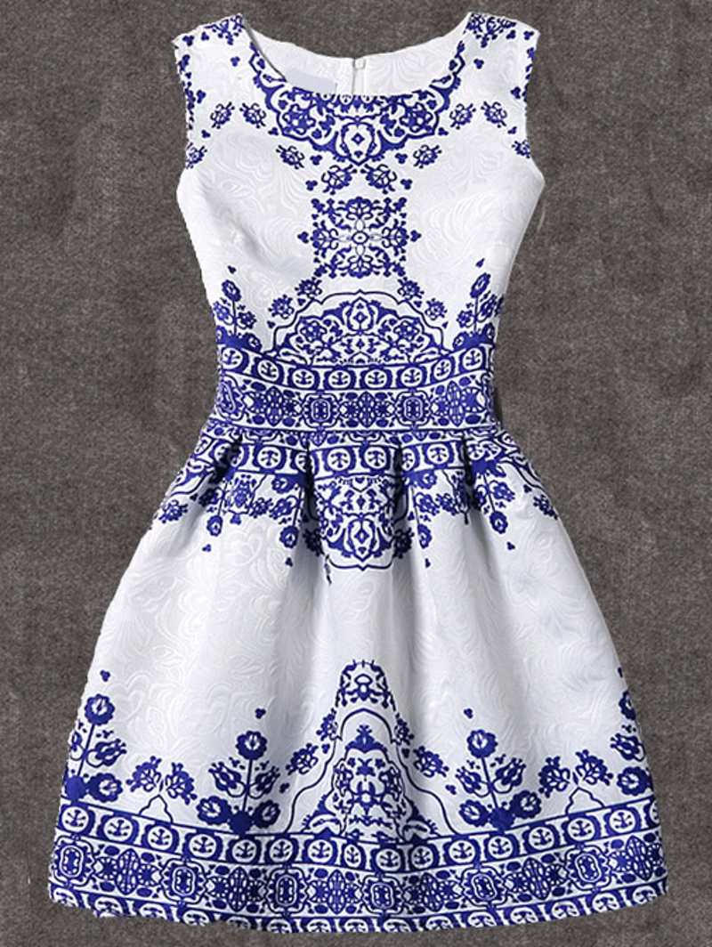 

Blue Vintage Pattern Print Fit & Flare Sleeveless Dress, Multicolor