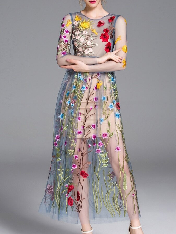 Blue Sheer Gauze Embroidered Maxi Dress