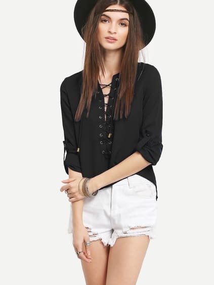 Lace-Up Rolled Sleeve Blouse - Black