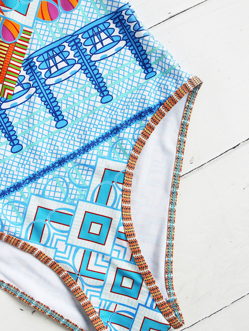 

Crisscross Tribal Print One-Piece Swimwear - Light Blue, Multicolor