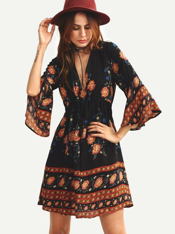 Vestido De Mujer Flores Estampado Mariposa Cuello En V Sin M Vestido De Mujer Flores Estampado Mariposa Cuello En V Sin M