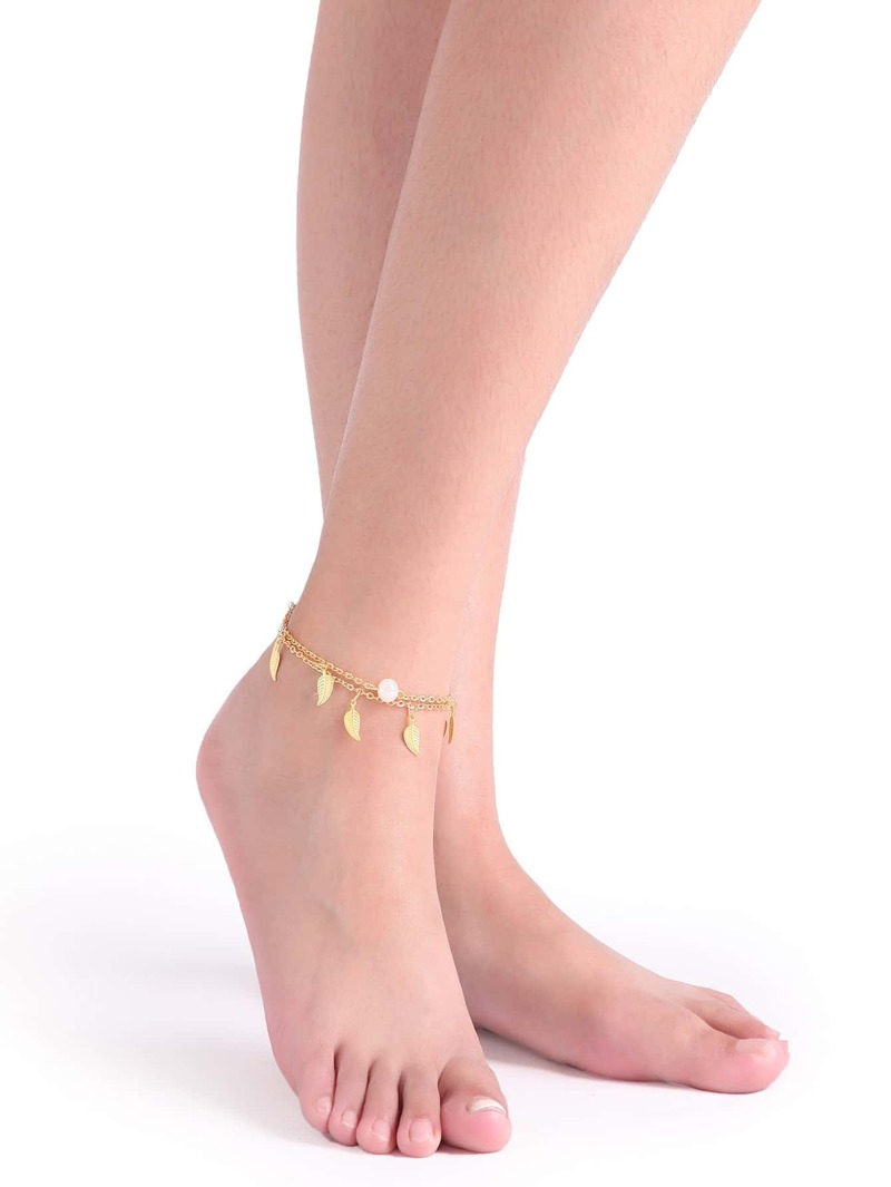 

Gold Layered Pearl And Leaf Pendant Single Foot Chain
