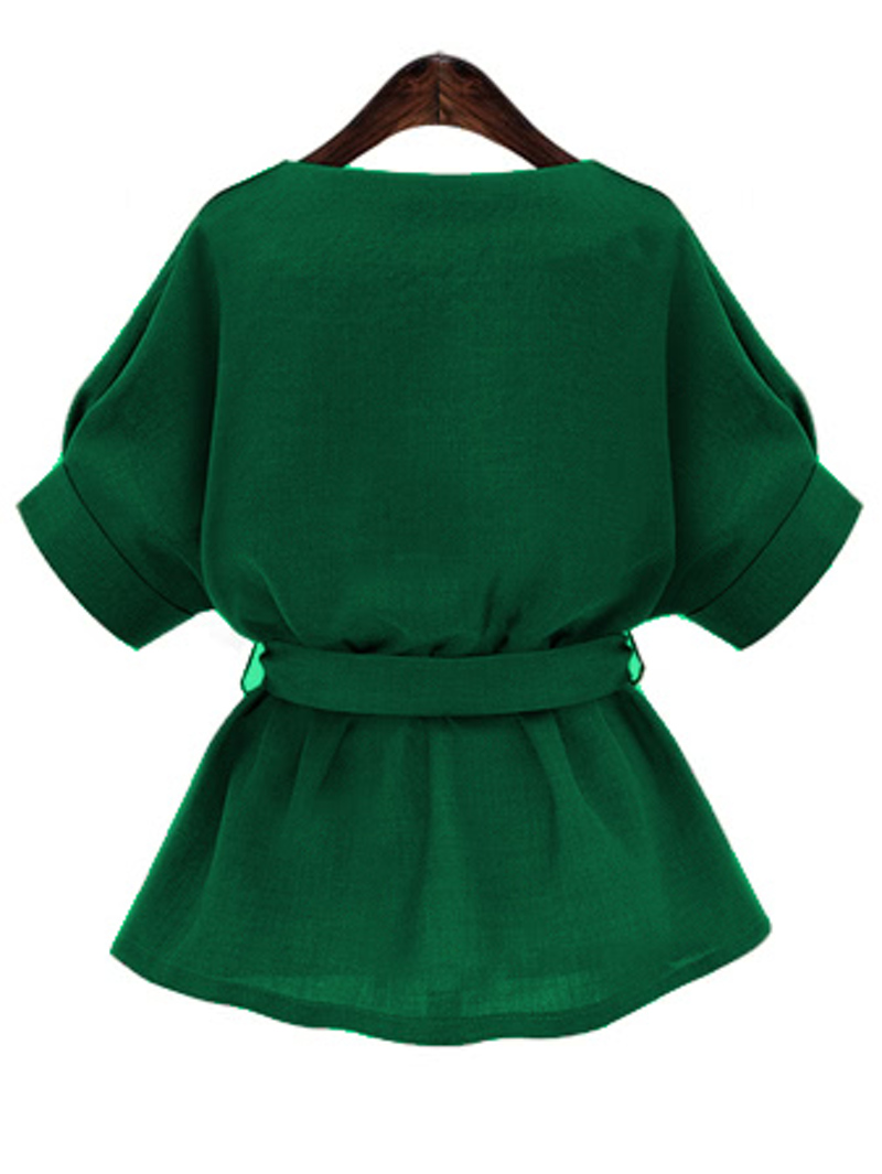 

Green V Neck Self Tie Blouse, Green bright