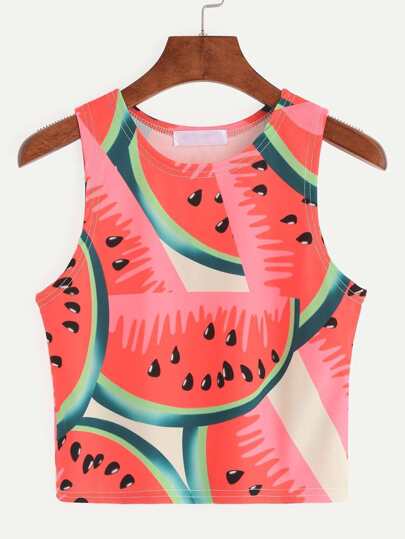 Red Watermelon Print Crop Tank Top