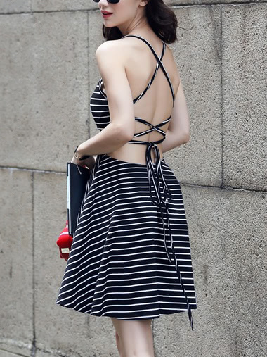 chinese dress ladies Light Green Striped Holiday Style Backless Lace-Up Sexy Low-Cut V-Neck Dress Pale Green / S by Blue Zone Planet main image 1