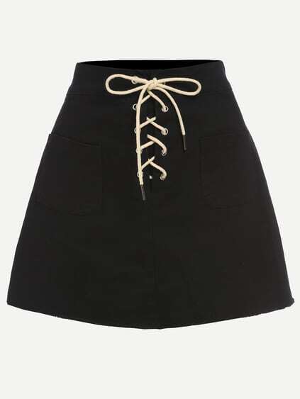 Black Lace-Up Fly Dual Pocket Raw Hem Skirt