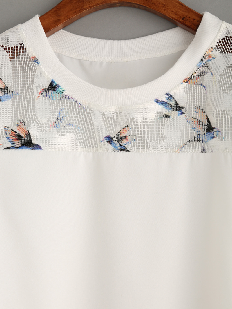 

Bird Print Mesh Yoke Top, White