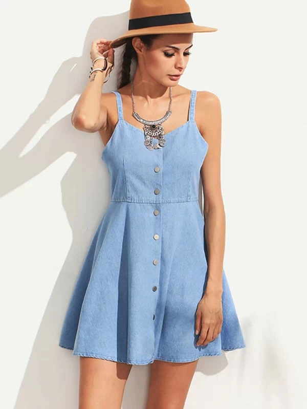 single breasted spaghetti strap denim dress