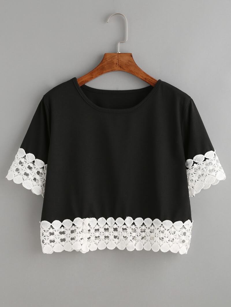 

Black Contrast Crochet Trim Crop T-shirt, Black and white