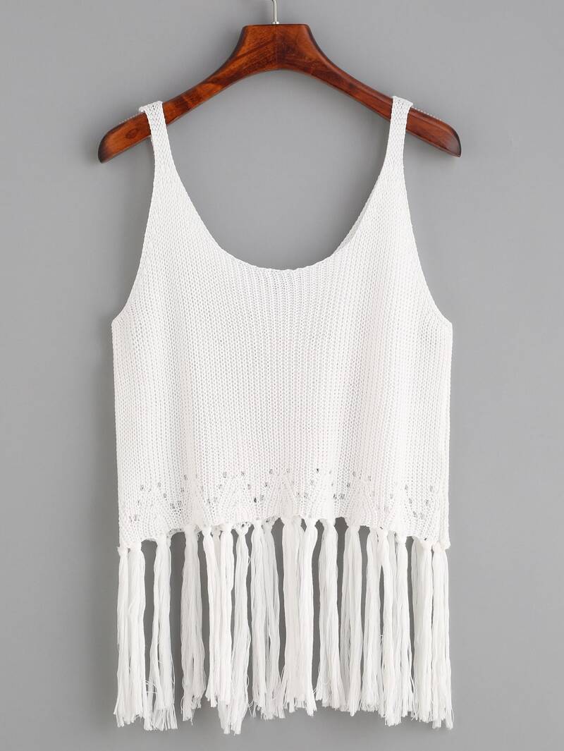 

White Fringe Trim Knit Tank Top