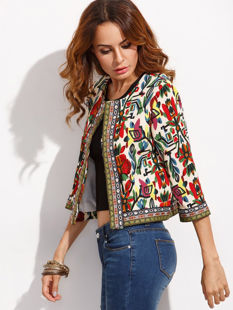 

Multicolor Tribal Print Outerwear With Embroidered Tape Detail