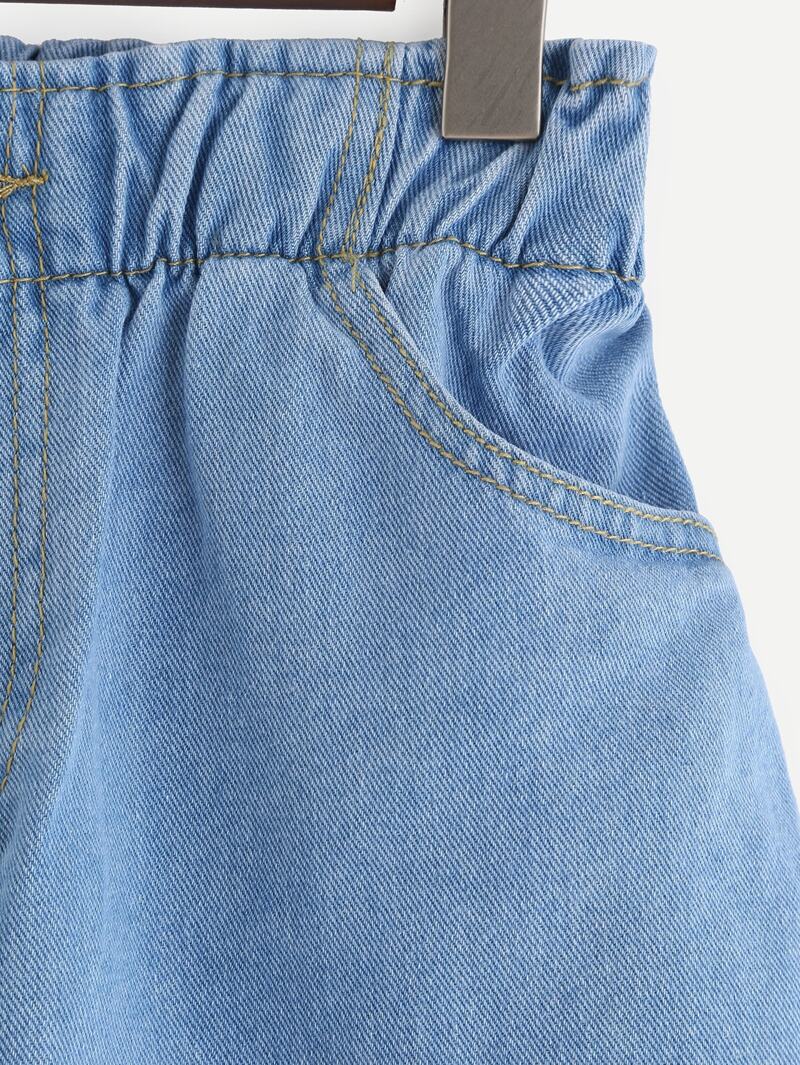 

Blue Elastic Waist Roll Hem Denim Shorts