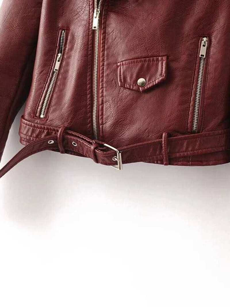 Burdy Faux Leather Belted Moto Jacket With Zipper