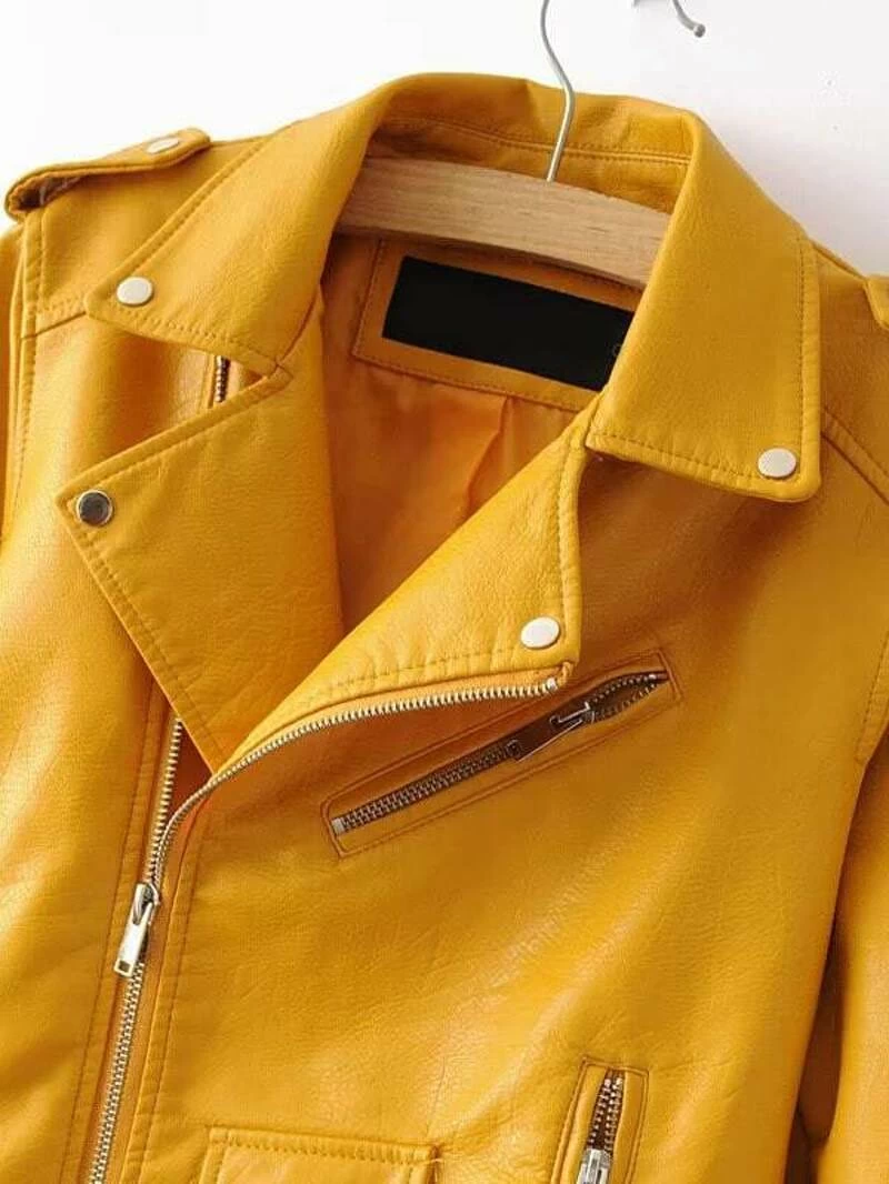 Yellow Faux Leather Belted Moto Jacket With Zipperfor Women Romwe Yellow Faux Leather Belted Moto Jacket With Zipper