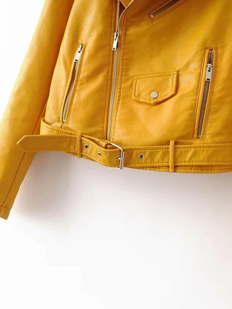 Yellow Faux Leather Belted Moto Jacket With Zipperfor Women Romwe Yellow Faux Leather Belted Moto Jacket With Zipper