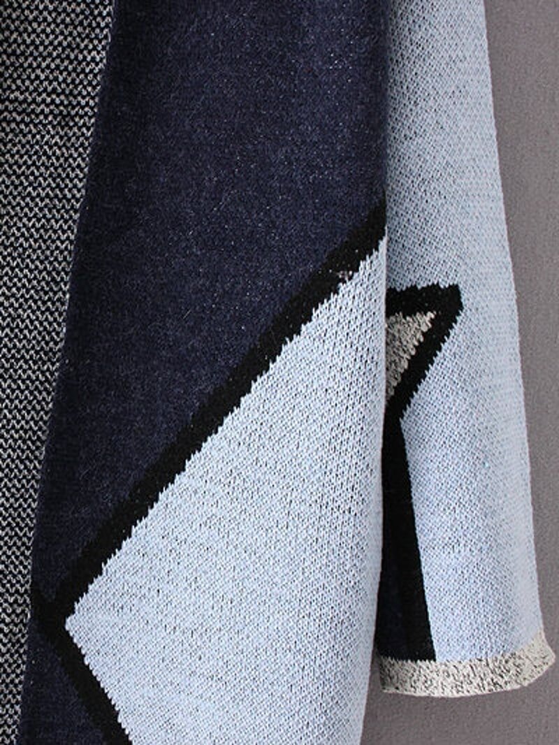 

Blue Color Block Collarless Long Cardigan, Multicolor