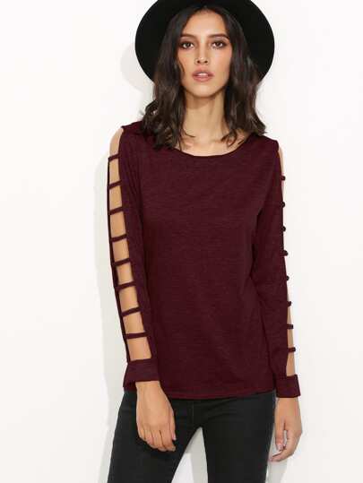 Burgundy Ladder Cut Out Sleeve T-shirt