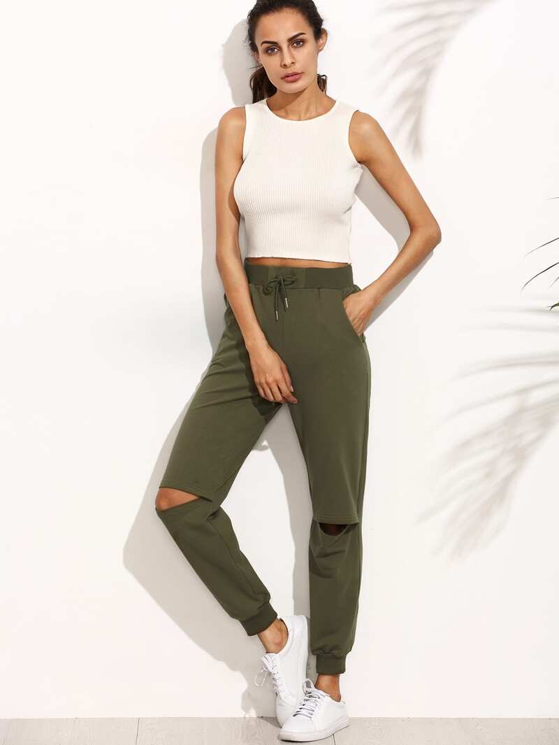 

Army Green Tie Cut Out Knee Long Pants