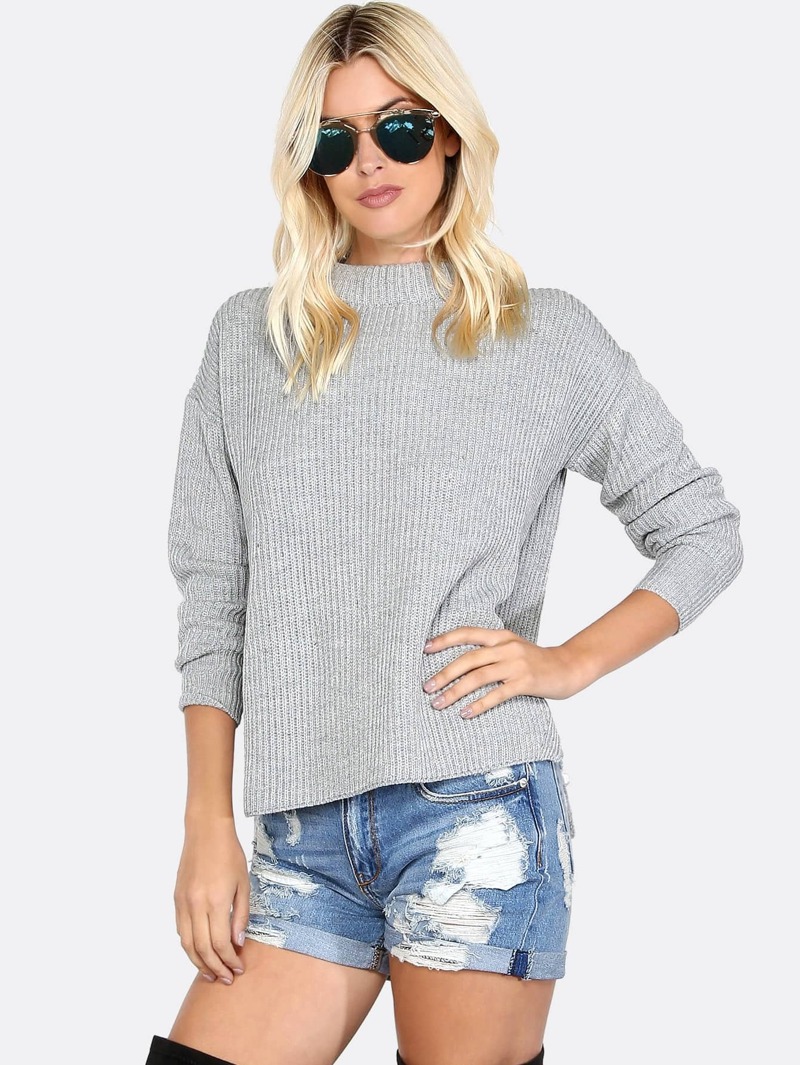 

Grey Mock Neck Drop Shoulder Side Slit Sweater