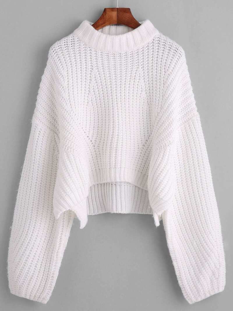 

White Drop Shoulder Lantern Sleeve Crop Sweater