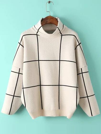 White Grid Drop Shoulder Turtleneck Sweater pictures