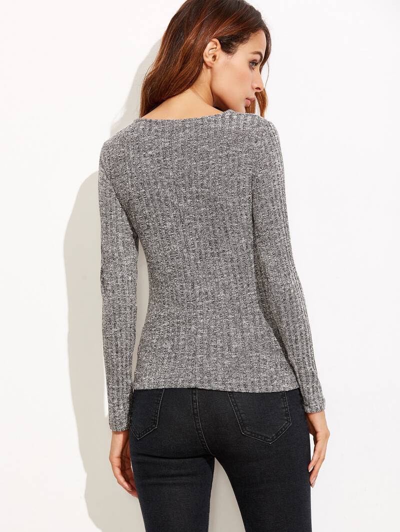 

Heather Grey Deep V Neck Lattice Ribbed T-shirt