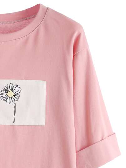 T-Shirt Vorne Kurz Hinten Lang Gänseblümchen Druck - rosa