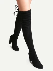 Black Suede Point Toe Lace Up Over The Knee Boots | ROMWE USA