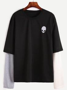 Contrast Long Sleeve Alien Embroidered T-shirt