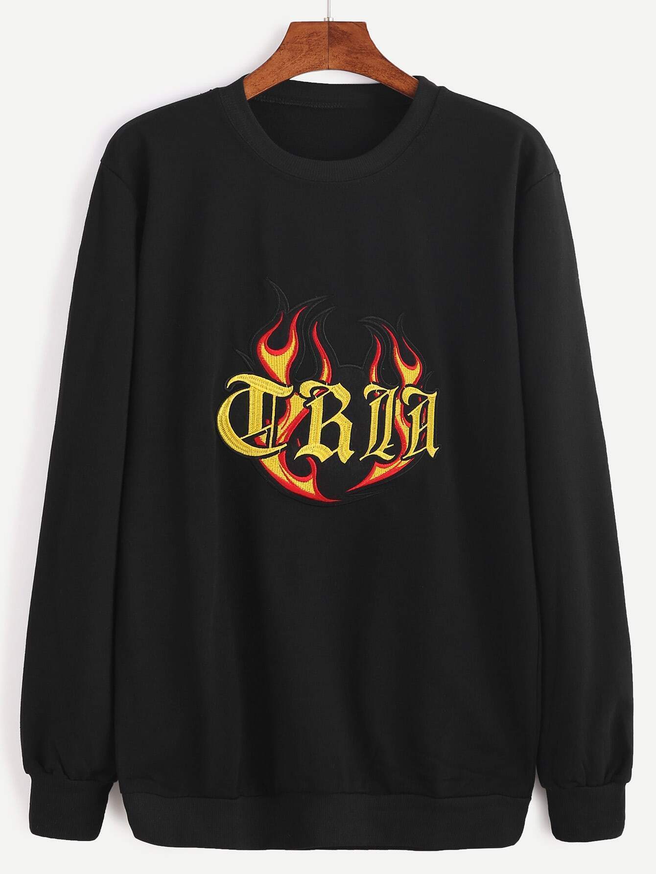 ¿¿Es Esto Lo Nuevo de Sudadera bordada de letras y fuego - negro ?? | ROMWE