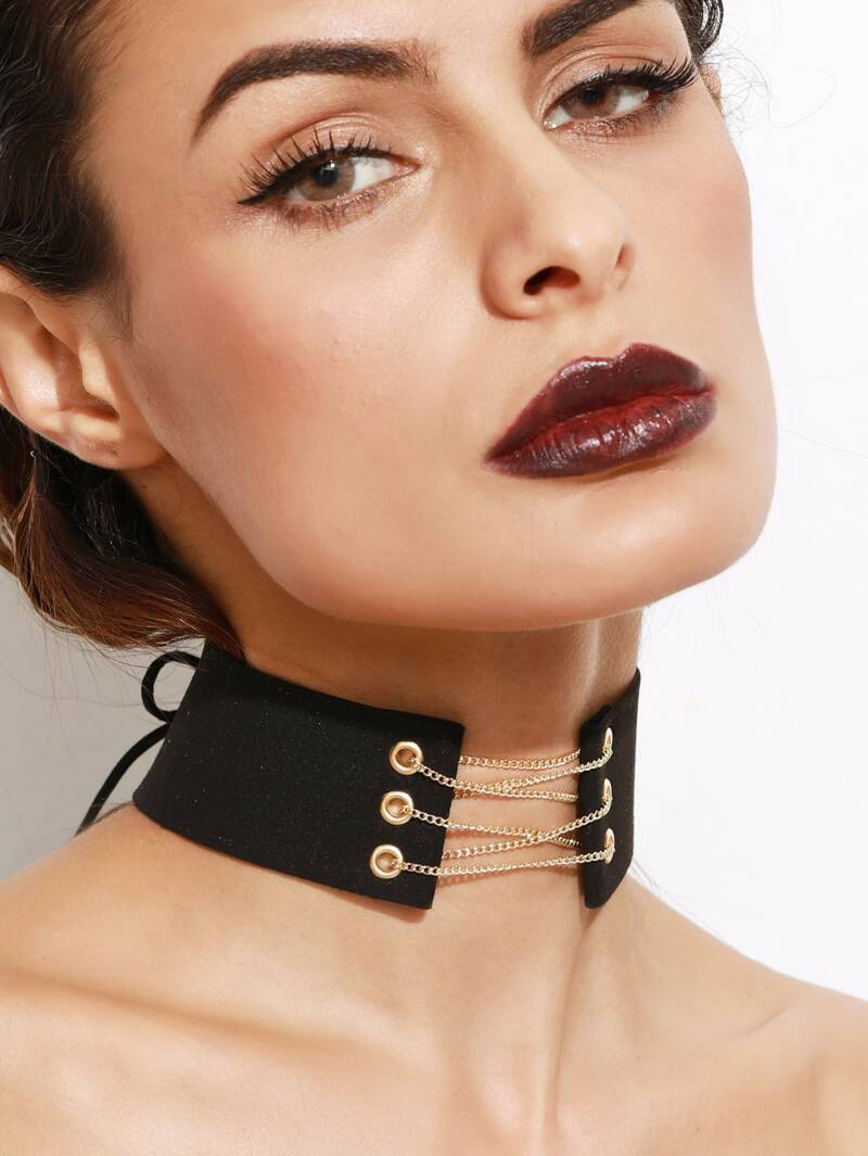 

Black Metal Chain Tie Back Wide Choker Necklace