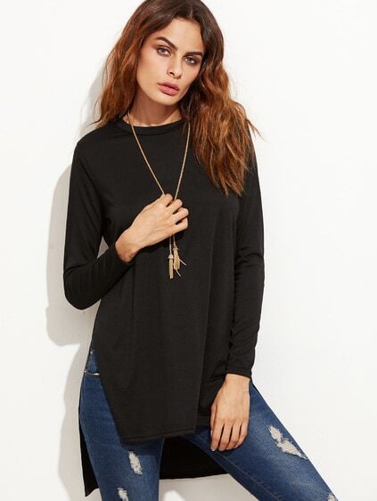 Black Slit Side High Low T-shirt
