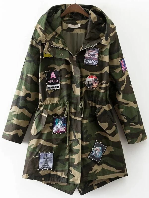 Abrigo con parche y estampado camuflaje verde militar | ROMWE Chaqueta militar patch estampados |