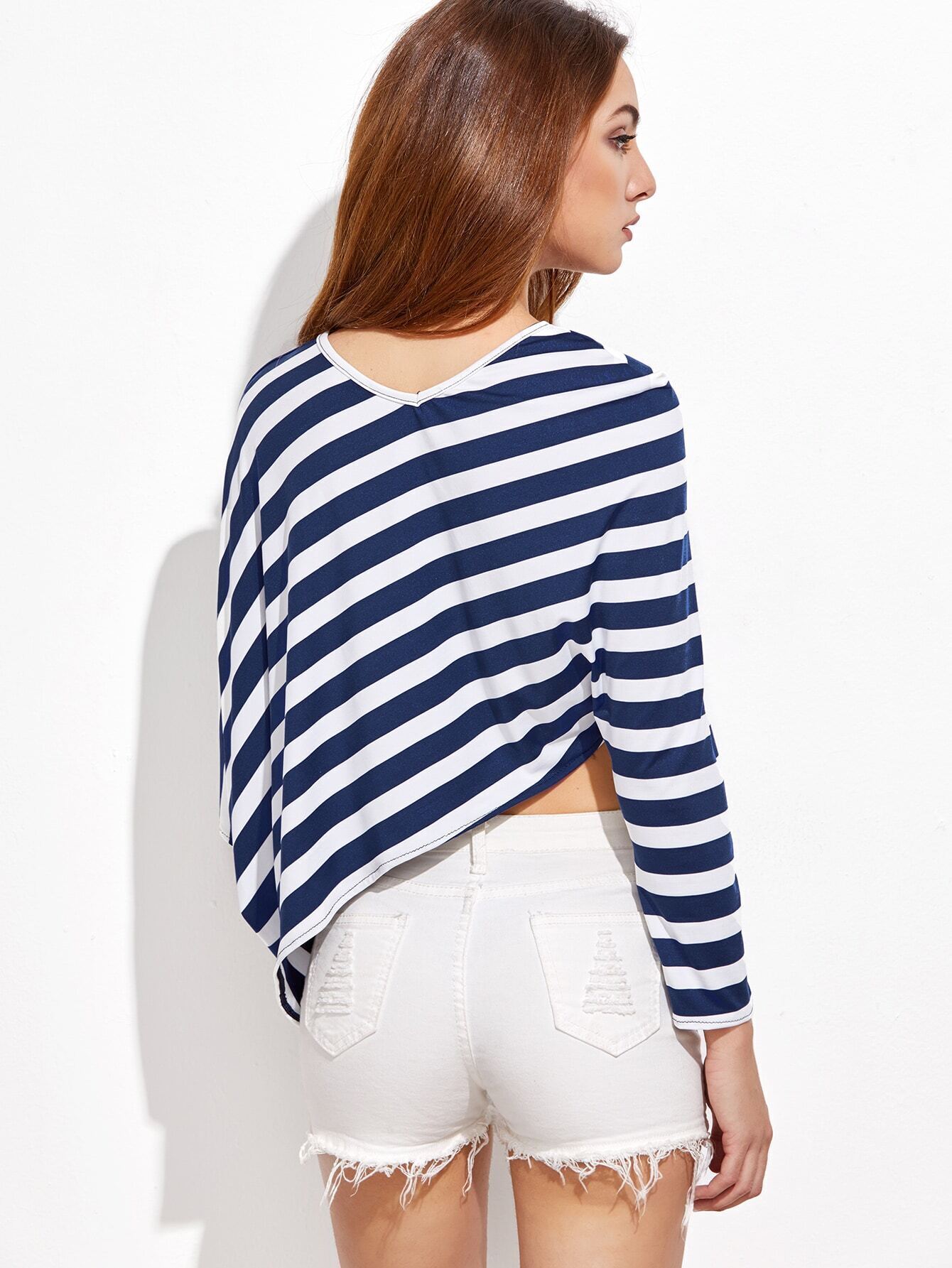 V Neck Asymmetric Hem Striped T-Shirts
