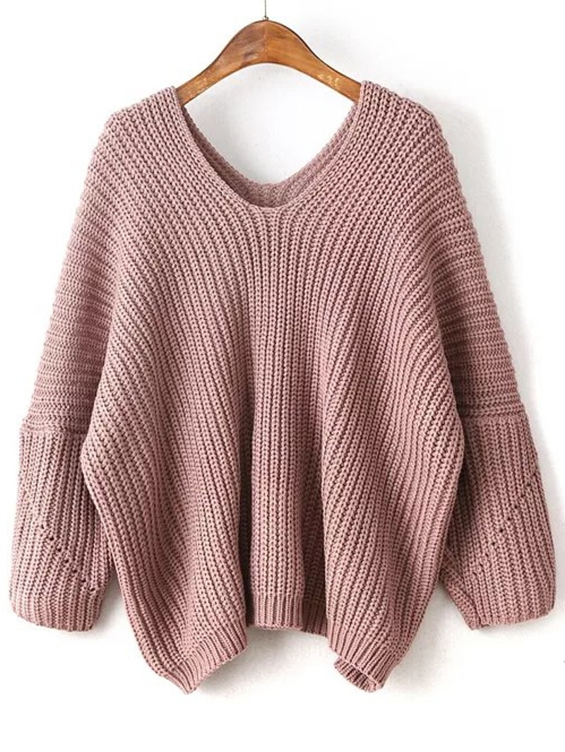 Pink V Neck Drop Shoulder Oversized Sweater