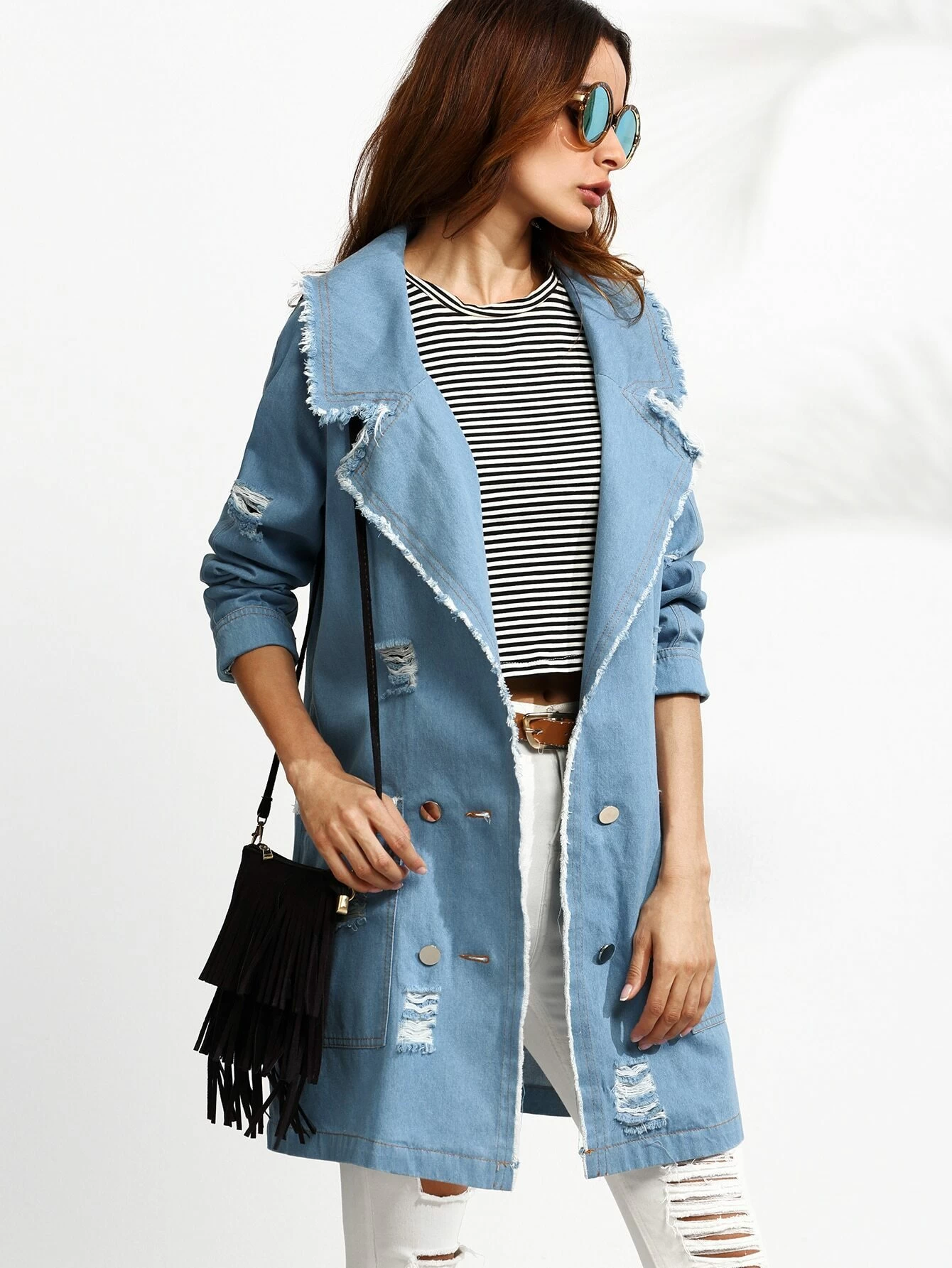 distressed denim trench coat