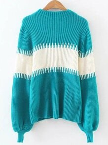 Color Block Lantern Sleeve Ribbed Sweater