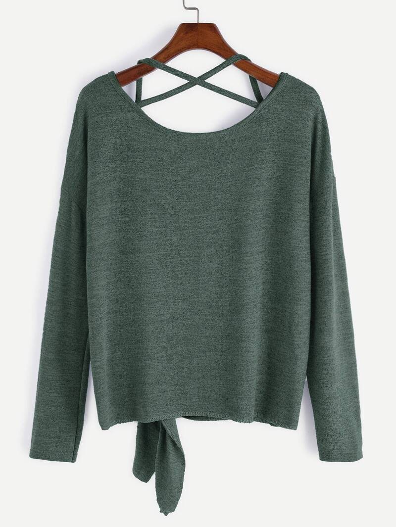 

Dark Green Drop Shoulder Criss Cross Tie Front T-Shirt