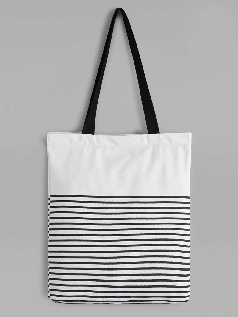 White Striped Canvas Tote Bag With Black Strap White Striped Canvas Tote Bag With Black Strap
