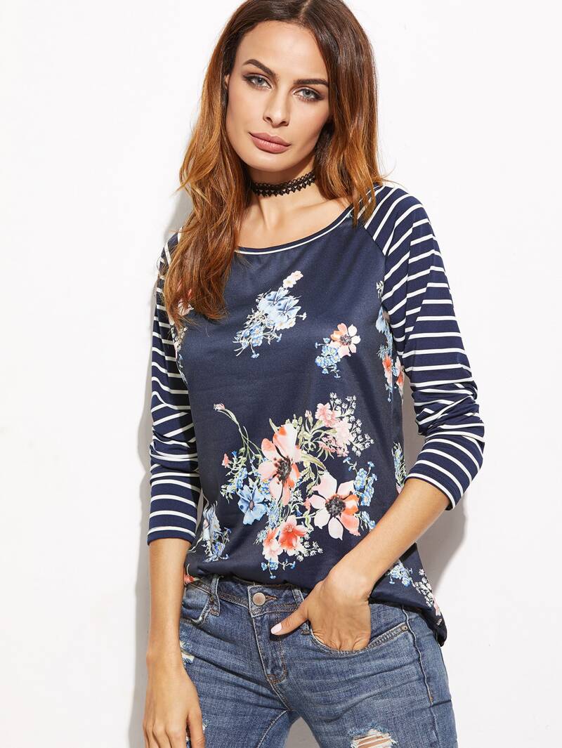 

Navy Striped Raglan Sleeve Floral Print T-shirt