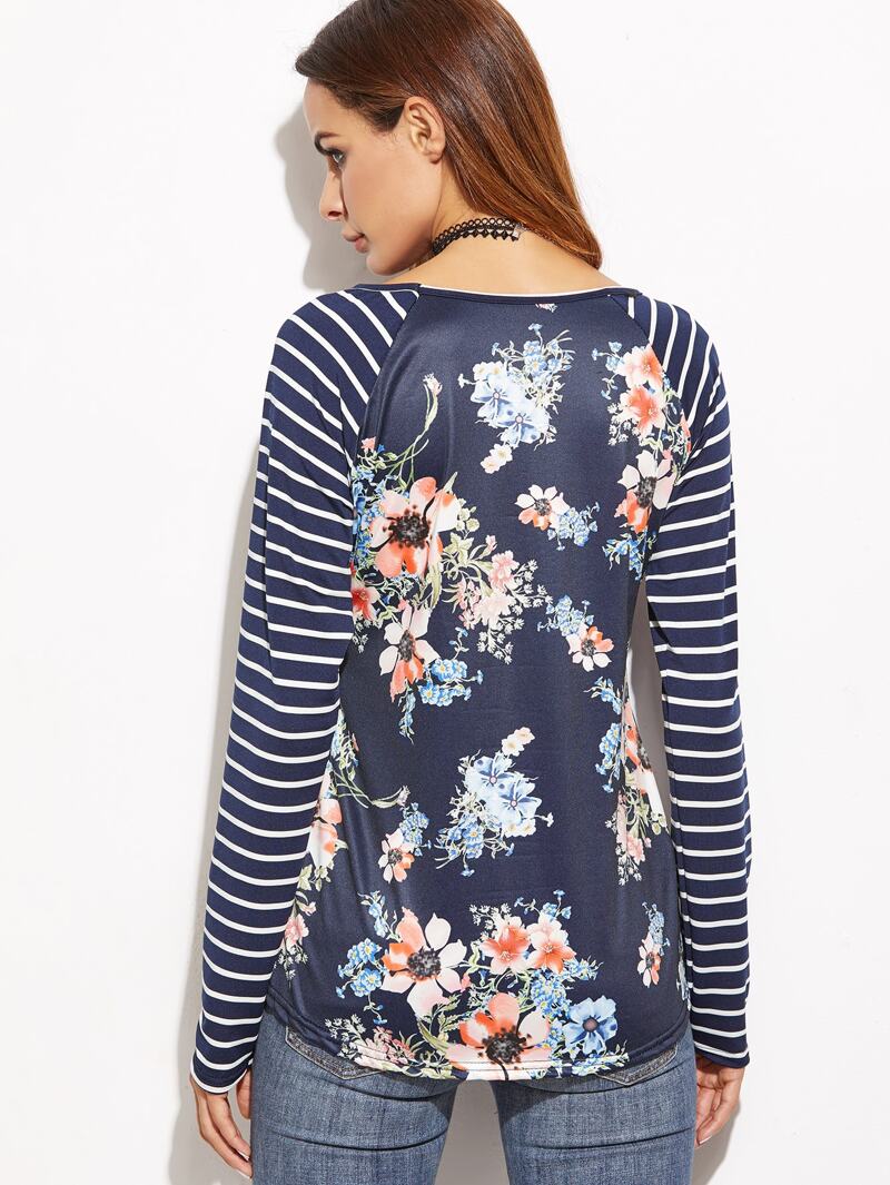 

Navy Striped Raglan Sleeve Floral Print T-shirt, Multicolor