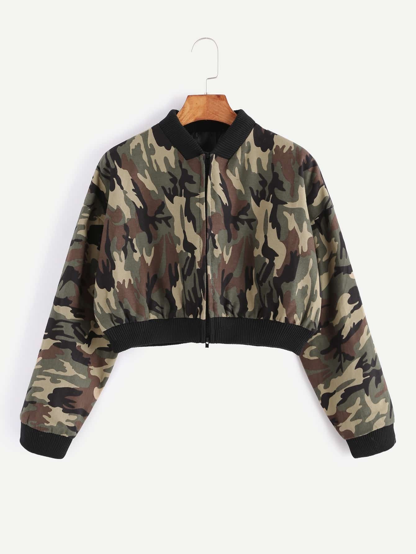 Band Collar Contrast Trim Zipper Camouflage Jackets