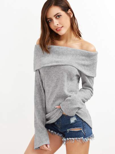 Grey Off The Shoulder Foldover Knit T-shirt