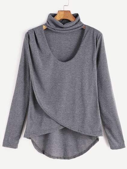 Grey Dip Hem Choker Neck Wrap Front T-shirt