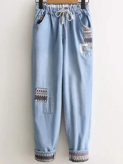 

Light Blue Tribal Pattern Drawstring Denim Pants