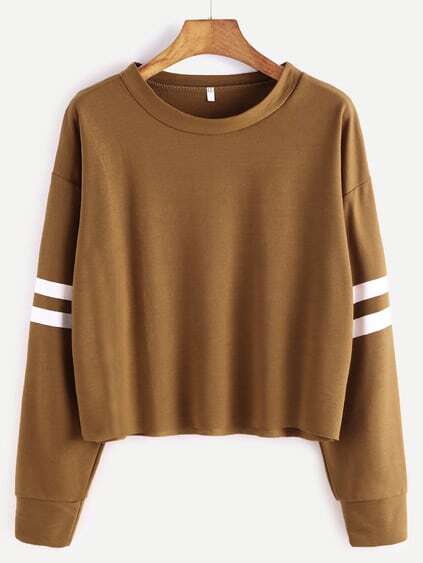 Khaki Varsity Striped Sleeve Crop T-shirt